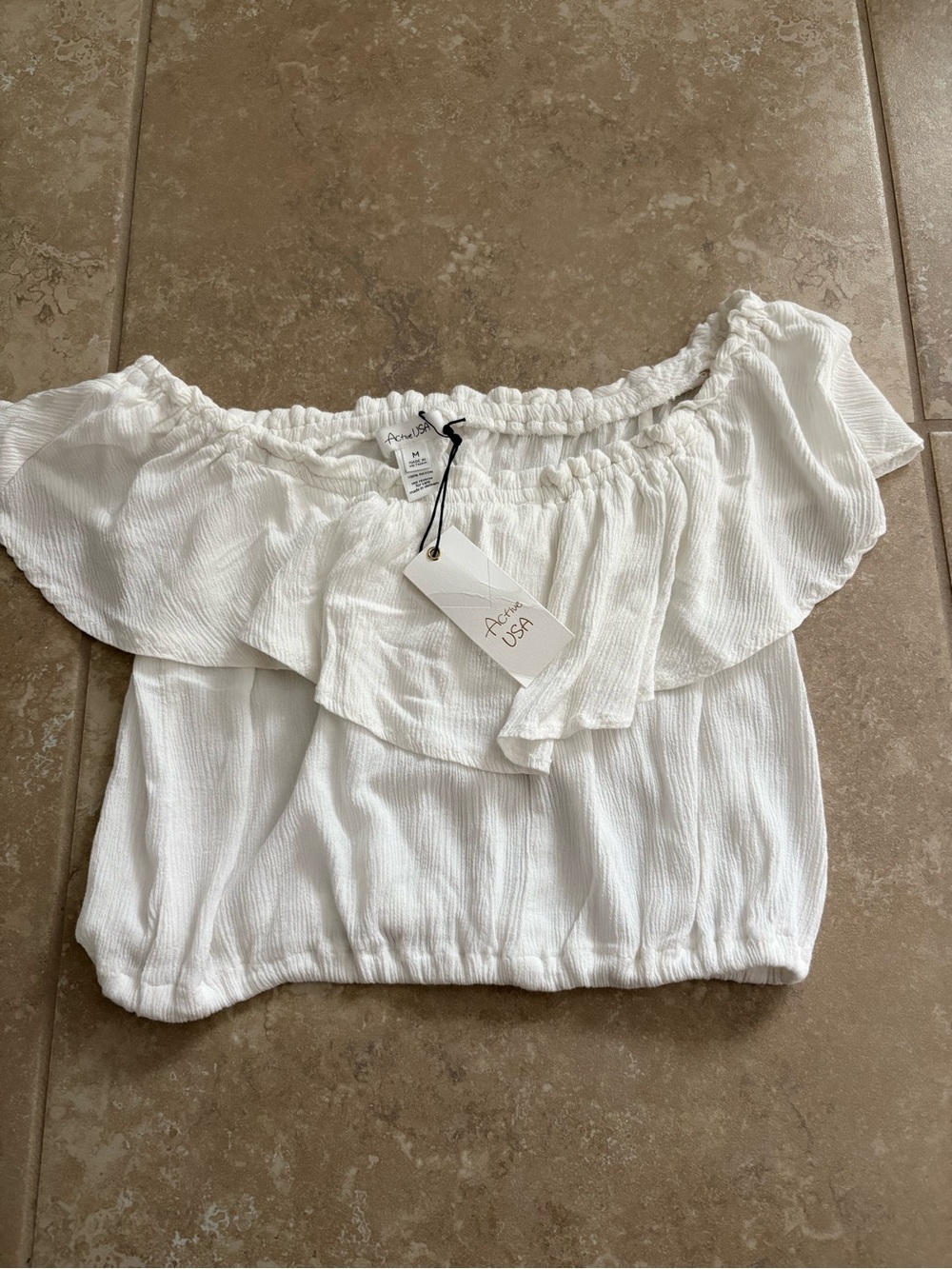 Active USA White Off-Shoulder Ruffle Crop Top